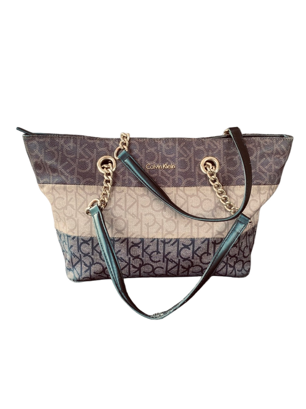 CALVIN KLEIN Handbag Shoulder Bag Tote Tri-Stripe Logo Brown & Beige